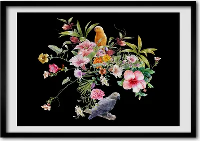Produktbild von Bild - Bilder - Bilderrahmen - 70 cm x 50 cm - MDF-Rahmen, Wandkunst Blumen und Vögel