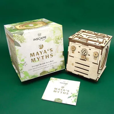 Verpackung und Holzrätsel Maya’s Myths, Anleitungskarte – kreatives Geduldspiel für Rätselliebhaber.