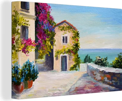Produktbild von OneMillionCanvasses® - Leinwandbilder - 140x90 cm, Malerei - Haus - Ölfarbe - Dorf, Wandbilder Kunstdruck Wanddekoration - Foto auf Leinwand - Gemälde auf Holzrahmen