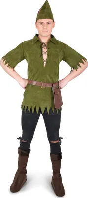 A man wearing a green forest ranger costume, including a hat, tunic, belt with pouch, ripped black pants, and brown boots.
