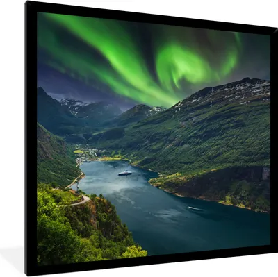 Produktbild von MuchoWow® Gerahmtes Poster Nordlichter - Berg - Boot - Norwegen 40x40 cm - Poster mit Schwarzem Bilderrahmen Wandposter Rahmen Foto Bilder - Mit Rahmen - Wanddekoration Schlafzimmer