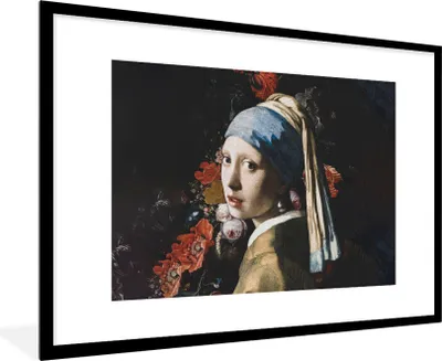 Produktbild von MuchoWow® Gerahmtes Poster Das Mädchen mit dem Perlenohrring - Vermeer - Blumen 90x60 cm - Poster mit Schwarzem Bilderrahmen Wandposter Rahmen Foto Bilder - Wanddekoration - Fotos