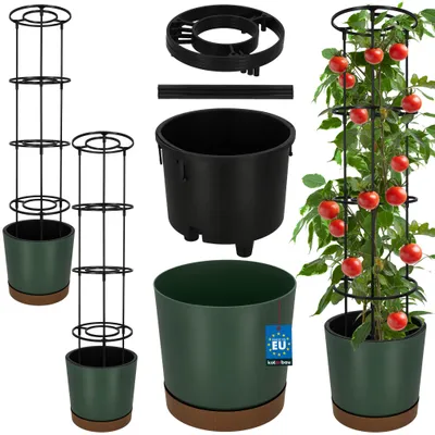 Obrázok produktu pre KOTARBAU® Súprava 2 kusov kvetináčov na paradajky, priemer 29 cm. Kvetináč s oporou na rastliny pre popínavé rastliny. Konštrukcia na paradajky, výška 108 cm. Odolný a trvácny plast, zelená farba