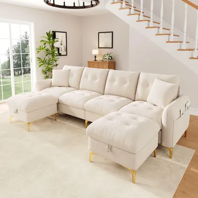 Imagen del producto de Sofá modular en forma de U, de 4 plazas, con reposapiés con espacio de almacenamiento, patas doradas, tapizado en chenilla, incluye cojines decorativos, dimensiones: 263 x 137 x 85 cm, color beige