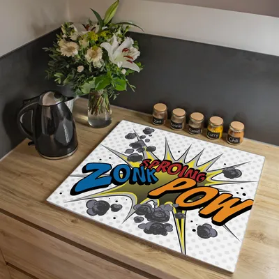 Produktbild von banjado Herdabdeckplatte einteilig 60,x52cm groß mit Gummi Abstandshalter, ESG Sicherheitsglas mit Motiv Comic [HAP1 10278]