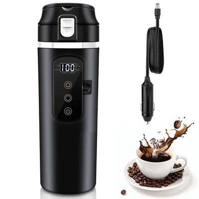 A black electric travel mug with a digital display and controls, shown next to a car charger and a cup of coffee.