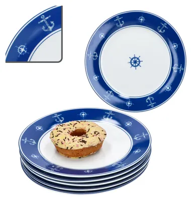 Zdjęcie produktu dla Ahoi zestaw 6 marynistycznych talerzyków deserowych porcelana 6 osób kotwica