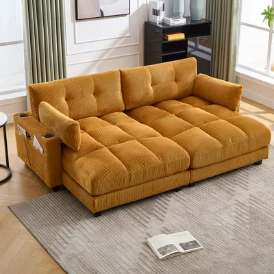 Produktbild von LVHOM Schlafsofa mit USB&Becherhälter, 2 Sitzer Sofa, Relaxsessel mit Seitentaschen, Bodensofa Loungesessel, Rückenlehne verstellbar, Gelb