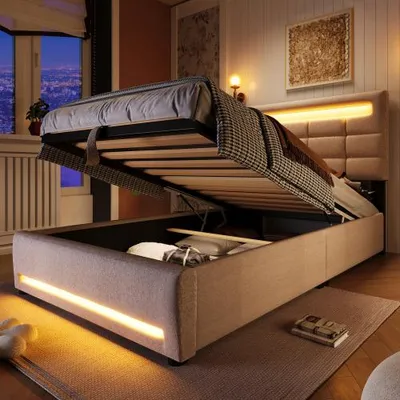 Produktbild von Polsterbett, Bequemes Leinenbett mit APP-Steuerung, LED-Umgebungsbeleuchtung, USB-Anschluss und verstecktem Stauraum – 90x200 cm, Beige