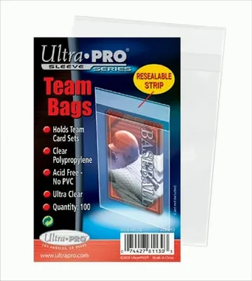 A product shot of Ultra Pro Team Bags with a baseball card inside.