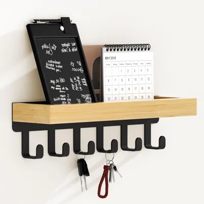 Productafbeelding van Sleutelbord met houten plank en 6 haken – Multifunctionele sleutelhouder met opbergruimte, geschikt voor de hal, slaapkamer en keuken