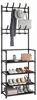 Schuhregal 4 Ebenen mit Haken, Metall, schwarz, 148x60x28 cm
