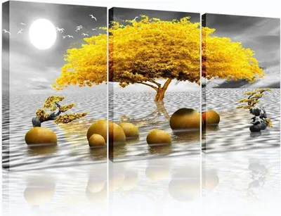 Image de Tableaux arbre jaune nature or toile salon chambre salle de bain 30x40cm 3er set