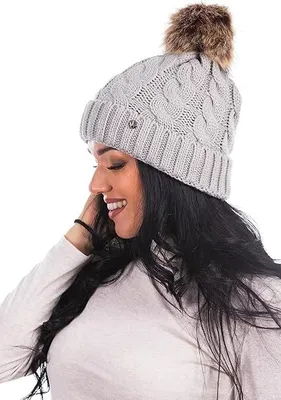 Produktbild von Gestrickte Damen-Wintermütze mit großem Kunstfellbommel HEYO Damen Strickmütze Bommelmütze Grau