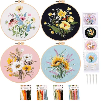 Borduurset für Anfänger, 4 Blumenmotive, inkl. Rahmen & Zubehör
