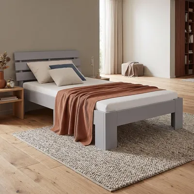 Produktbild von Homestyle4u Einzelbett Holzbett 90x200 mit Lattenrost Grau Kiefer Bett Bettgestell Massivholz