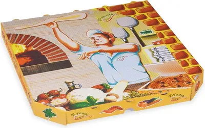 A pizza box with a graphic illustration of a pizza maker and ingredients.
