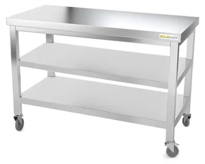 Produktbild von Arbeitstisch aus Edelstahl, 1600 x 500 mm, mit 2 Rollenablagen,  – GOLDINOX