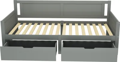 A gray wooden daybed with two drawers underneath, shown from the front with the drawers slightly pulled out.