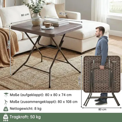 Produktbild von Klappbarer Tisch - Garten-/Campingtisch - Maße 80×80×74 cm - Quadratisch - Edelstahlbeine - Tragbar & belastbar - Für 4 Personen - Schokobraun