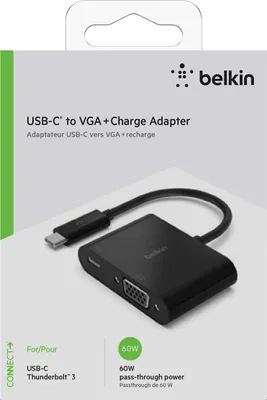 Image de Belkin USB-C to VGA + Charge Adapter - Convertisseur d'interface vidéo - VGA / USB - USB-C (M) à HD-15 (VGA), USB-C (tension uniquement) (F) - noir - prise en charge 1080p, USB Power Delivery (60W)