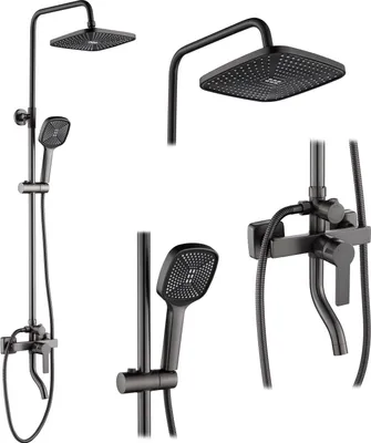 A collage of different views of a black shower set.