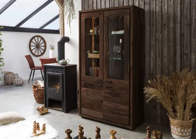 Produktbild von MASSIVMOEBEL24 Vitrine Akazie 98x40x180 dunkelbraun lackiert BARK #208