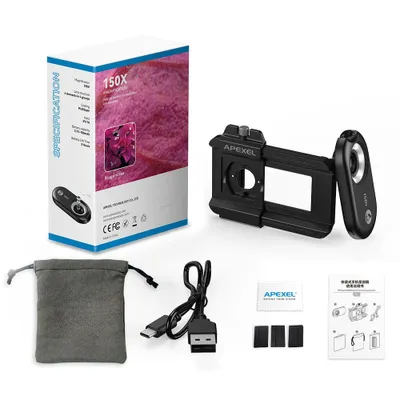 Produktbild von APEXEL APL-MS150 150X Handy-Mikroskopobjektiv mit LED-/UV-Lichtern, eingebautem CPL-Filter, Akku, Mikroskopaufsatz, Telefon-Mikroobjektiv mit universellem Telefonclip, Ersatz fuer iPhone 15/14/13/12, Android-Telefon
