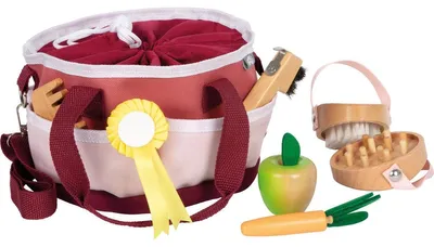 Productafbeelding van Paardenverzorgingsset - Rode tas - Houten gereedschap - Vanaf 3 jaar