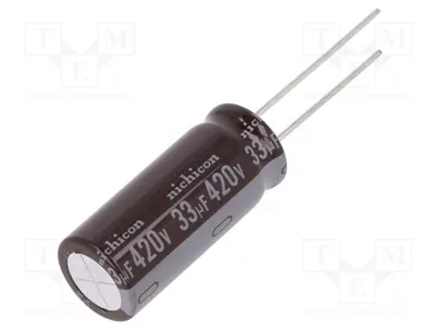 Image de 1 condensateur : électrolytique, 33 µF, diamètre 12,5 x 31,5 mm, à sertir, 420 VDC, ±20%, UPTW6330MHD, marque Elek