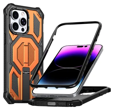 Produktbild von Magnetische Hülle für iPhone 12 / iPhone 12 Pro, Kompatibel mit MagSafe, Mit Metall-Ständer, Militärischer Stoßschutz Handyhülle Orange