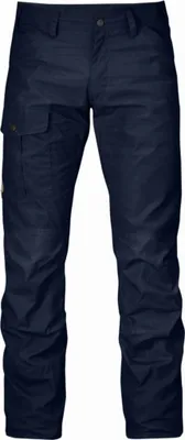 A pair of dark blue cargo pants shown flat against a white background.