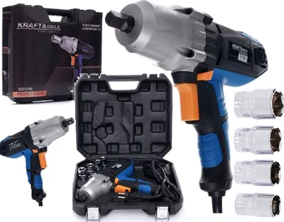 A collage of a Kraft&Dele KD1796 electric impact wrench kit, showing the tool, its case, and accessories.