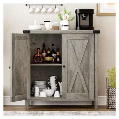 Produktbild von Küchenschrank im Landhausstil, Buffetschrank mit 2 Türen und Regalen, 76 x 40 x 80 cm, verstellbare Ablagen für das Wohnzimmer, Vintage Grau