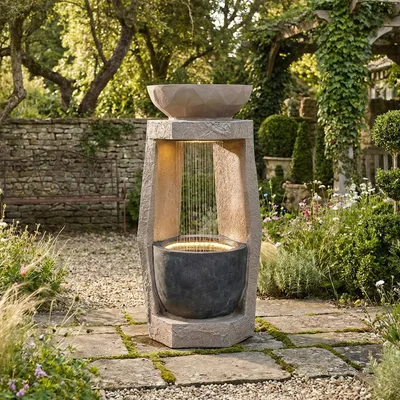 Produktbild von Flieks Gartenbrunnen mit Led und Zierbecken, Zimmerbrunnen Gartenbrunnen aussen, Gartendekoration mit Wasserpumpe, 36.5x36x81.5cm, Beige