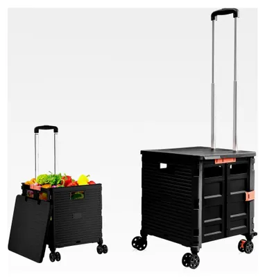 Produktbild von Klappbarer Einkaufstrolley bis 80 kg mit Deckel und Teleskopgriff, 4 Rollen, Schwarz