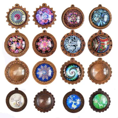 Image de Kit de fabrication de bijoux : 16 supports en bois pour pendentifs avec 16 cabochons en verre, diamètre 30 mm/25 mm