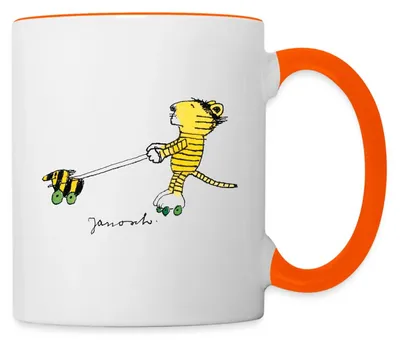 Produktbild von Spreadshirt Janosch Tiger auf Rollschuhen Tasse Zweifarbig, One size, Weiß/Orange