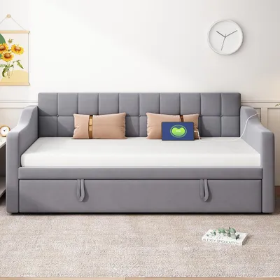 Zdjęcie produktu dla Sweiko sofa rozkładana łóżko tapicerowane z gniazdkiem i torbą do przechowywania, szary