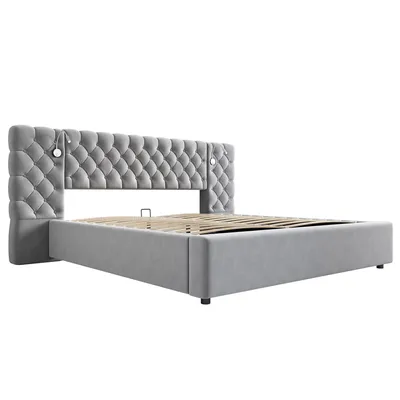 Obrázek produktu pro Abrihome čalouněná postel 180x200 cm s úložným prostorem, hydraulické sametové dvojlůžko s LED osvětlením, šedá barva