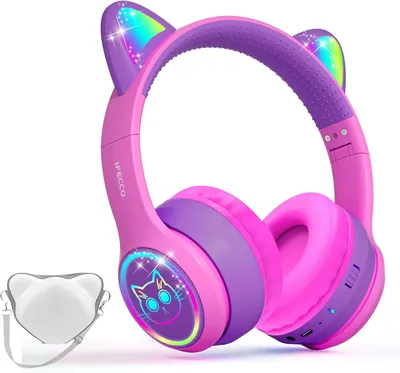 Obrázok produktu pre s mikrofónom, detské dievčenské Bluetooth slúchadlá s puzdrom, LED svetlá mačacie slúchadlá pre iPad/detský tablet/smartfón/školu