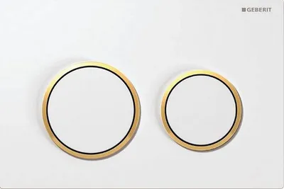 Produktbild von GEBERIT Betätigungsplatte Omega 20 Platte weiß glänzend / Taster weiß glänzend / Dekorringe gold 115.085.KK.1