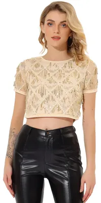 Produktbild von Allegra K Damen Pailletten Glänzend Glitzer Crop Top Weihnachten Kurzarm y Pa