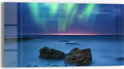 Produktbild von DEQORI Glasbild Echtglas 60x30 cm 'Polarlicht über Felsküste' Wandbild Bild modern Deko