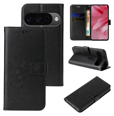 Produktbild von Handyhülle für Google Pixel 10 Floral Blumen Schmetterling Flip Cover Hülle Case Klapphülle Handytasche Farbe: Schwarz