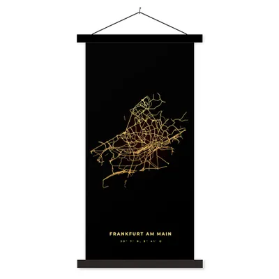 Produktbild von MuchoWow® Textilposter Karte - Gold - Stadtplan - Frankfurt - Karte 90x180 cm mit schwarzem Rahmen - Dekoration Wohnzimmer