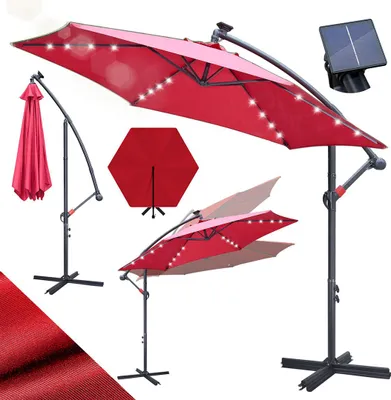 Produktbild von Izrielar Sonnenschirm 3m Rot mit LED Beleuchtung, Gartenschirm mit Kurbel, UV 50+ Sonnenschutz, kippbar & wetterfest, inkl. Kreuzfuß