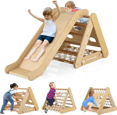 Produktbild von GOPLUS 3 in 1 Kletterdreieck mit Rutsche, Klettergerüst mit Leiter, Netz & Brett für Kinder ab 1 Jahren, Indoor Holzspielzeug mit Rampe