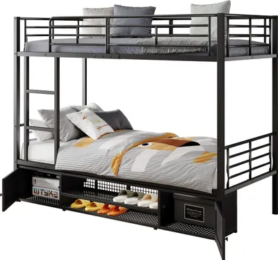 Produktbild von Etagenbett 90x200 cm Schwarz aus Metall mit Leiter, Fallschutzgitter und Schuhregal, ohne Matratze