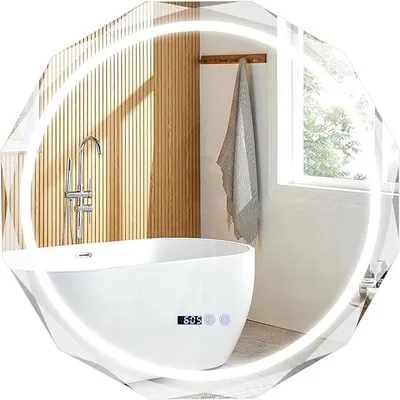 Produktbild von Wandspiegel für Badezimmer, LED-Spiegel mit 3-farbiger Beleuchtung, Zeit-/Temperaturanzeige, Antibeschlag- & Speicherfunktion, eleganter Hängespiegel